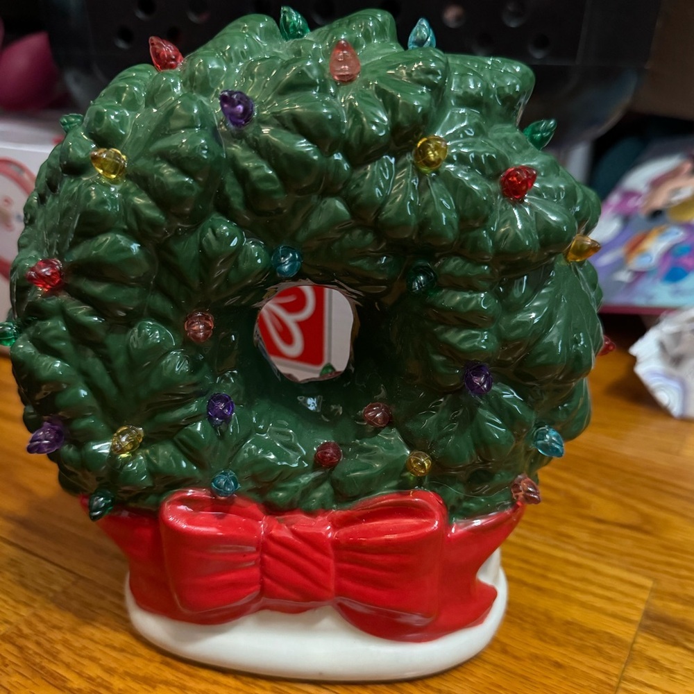 Festive Green Holiday Wreath with Red Bow Lights light up